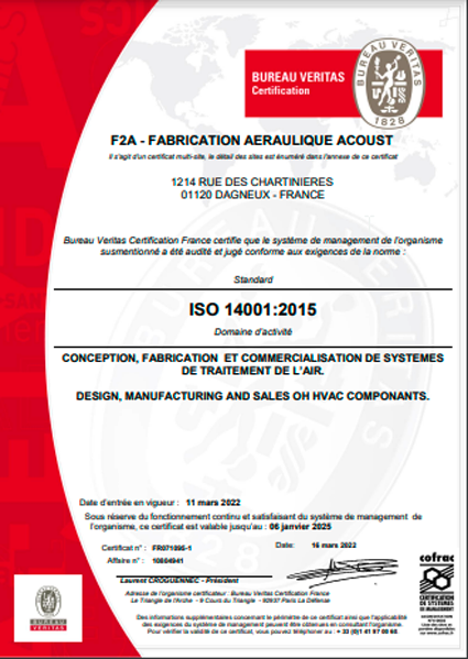 Certificat ISO 14001 - F2A